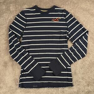 Hollister Men's Large Long Sleeve Striped Shirt Navy Blue White Logo Y2k Preppy
